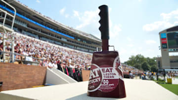 Sep 7, 2019; Starkville, MS, USA; A cowbell sits on a column before the game between the Mississippi State Bulldogs and the Southern Miss Golden Eagles at Davis Wade Stadium. Mandatory Credit: Matt Bush-USA TODAY Sports