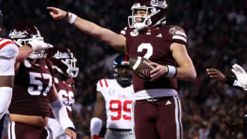 Nov 23, 2023; Starkville, Mississippi, USA; Mississippi State Bulldogs quarterback Will Rogers (2) reacts during the second half against the Mississippi Rebels at Davis Wade Stadium at Scott Field. Mandatory Credit: Petre Thomas-USA TODAY Sports