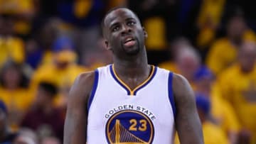 May 5, 2015; Oakland, CA, USA; Golden State Warriors forward Draymond Green (23) reacts after missing a basket while being fouled during the fourth quarter in game two of the second round of the NBA Playoffs against the Memphis Grizzlies at Oracle Arena. The Grizzlies defeated the Warriors 97-90. Mandatory Credit: Kyle Terada-USA TODAY Sports