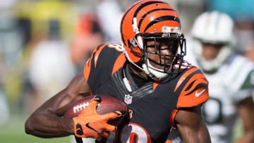 Sep 11, 2016; East Rutherford, NJ, USA; Cincinnati Bengals wide receiver A.J. Green (18) runs after a catch against the New York Jets in the second half at MetLife Stadium. The Bengals defeated the Jets 23-22. Mandatory Credit: William Hauser-USA TODAY Sports