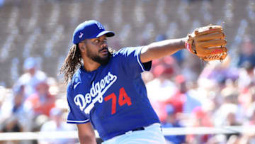 GLENDALE, ARIZONA - FEBRUARY 26: Kenley Jansen #74 of the Los Angeles Dodgers delivers a pitch during the first inning of a spring training game against the Los Angeles Angels at Camelback Ranch on February 26, 2020 in Glendale, Arizona. (Photo by Norm Hall/Getty Images)