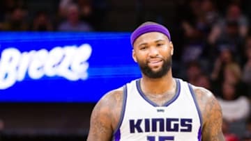 Jan 10, 2017; Sacramento, CA, USA; Sacramento Kings forward DeMarcus Cousins (15) smiles between plays against the Detroit Pistons during the fourth quarter at Golden 1 Center. The Sacramento Kings defeated the Detroit Pistons 100-94. Mandatory Credit: Kelley L Cox-USA TODAY Sports