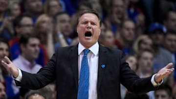 LAWRENCE, KS - FEBRUARY 04: Head coach Bill Self of the Kansas Jayhawks reacts during the second half of their game against the Iowa State Cyclones on February 4, 2017 at Allen Field House in Lawrence, Kansas. (Photo by Reed Hoffmann/Getty Images)