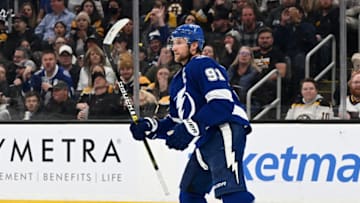 BOSTON, MASSACHUSETTS - NOVEMBER 29: Steven Stamkos #91 of the Tampa Bay Lightning reacts after scoring a goal against the Boston Bruins during the second period at the TD Garden on November 29, 2022 in Boston, Massachusetts. (Photo by Brian Fluharty/Getty Images)