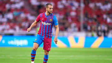 STUTTGART, GERMANY - JULY 31: Miralem Pjanic of FC Barcelona with the ball during a pre-season friendly match between VfB Stuttgart and FC Barcelona at Mercedes-Benz Arena on July 31, 2021 in Stuttgart, Germany. (Photo by Pedro Salado/Quality Sport Images/Getty Images)