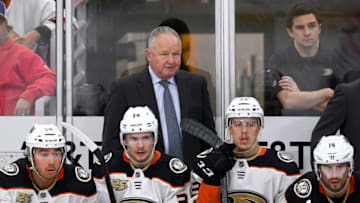 CHICAGO, IL - OCTOBER 23: Anaheim Ducks head coach Randy Carlyle looks on in the 3rd period of game action during an NHL game between the Chicago Blackhawks and the Anaheim Ducks on October 23, 2018 at the United Center in Chicago, Illinois. (Photo by Robin Alam/Icon Sportswire via Getty Images)