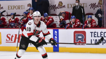 MONTREAL, QC - FEBRUARY 19: Alex Formenton #10 of the Belleville Senators skates against the Laval Rocket during the first period at the Bell Centre on February 19, 2021 in Montreal, Canada. The Laval Rocket defeated the Belleville Senators 5-2. (Photo by Minas Panagiotakis/Getty Images)