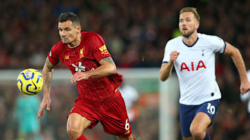 LIVERPOOL, ENGLAND - OCTOBER 27: Dejan Lovren of Liverpool chases the ball ahead of Harry Kane of Tottenham Hotspur during the Premier League match between Liverpool FC and Tottenham Hotspur at Anfield on October 27, 2019 in Liverpool, United Kingdom. (Photo by Alex Livesey/Getty Images)