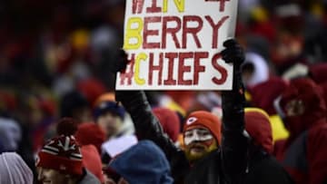 Nov 30, 2014; Kansas City, MO, USA; A Kansas City Chiefs fan holds a sign for injured safety Eric Berry (29) not pictured during the third quarter against the Denver Broncos at Arrowhead Stadium.The Broncos defeated the Chiefs Mandatory Credit: Ron Chenoy-USA TODAY Sports