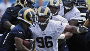 Jun 17, 2014; St. Louis, MO, USA; St. Louis Rams defensive end Michael Sam (96) runs through drills during minicamp at Rams Park. Mandatory Credit: Jeff Curry-USA TODAY Sports