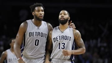 Oct 30, 2015; Auburn Hills, MI, USA; Detroit Pistons center Andre Drummond (0) puts his arm around forward Marcus Morris (13) during the fourth quarter against the Chicago Bulls at The Palace of Auburn Hills. Pistons win in overtime 98-94. Mandatory Credit: Raj Mehta-USA TODAY Sports