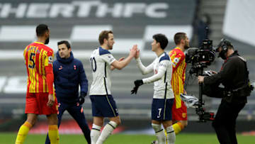 LONDON, ENGLAND - FEBRUARY 07: Son Heung-Min and Harry Kane of Tottenham Hotspur celebrate after the Premier League match between Tottenham Hotspur and West Bromwich Albion at Tottenham Hotspur Stadium on February 07, 2021 in London, England.(Photo by Matt Dunham - Pool/Getty Images)