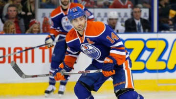 Nov 18, 2015; Edmonton, Alberta, CAN; Edmonton Oilers forward Jordan Eberle (14) skates against the Chicago Blackhawks at Rexall Place. Mandatory Credit: Perry Nelson-USA TODAY Sports