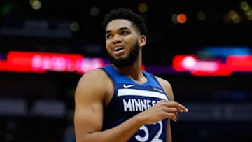 Karl-Anthony Towns #32 of the Minnesota Timberwolves reacts during a game against the New Orleans Pelicans (Photo by Jonathan Bachman/Getty Images)