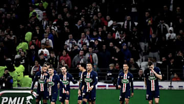 Paris Saint-Germain's Spanish midfielder Pablo Sarabia (3rd-L) celebrates with teammates after scoring a goal during the French Cup semi-final football match between Olympique Lyonnais (OL) and Paris Saint-Germain (PSG) at the Groupama Stadium in Decines-Charpieu, centraleastern France, on March 4, 2020. (Photo by JEFF PACHOUD / AFP) (Photo by JEFF PACHOUD/AFP via Getty Images)