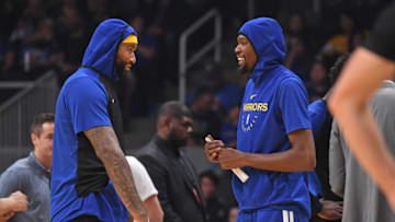 SAN JOSE, CA - OCTOBER 12: DeMarcus Cousins #0 and Kevin Durant #35 of the Golden State Warriors talk during a pre-season game against the Los Angeles Lakers on October 12, 2018 at the SAP Center in San Jose, California. NOTE TO USER: User expressly acknowledges and agrees that, by downloading and/or using this Photograph, user is consenting to the terms and conditions of the Getty Images License Agreement. Mandatory Copyright Notice: Copyright 2018 NBAE (Photo by Andrew D. Bernstein/NBAE via Getty Images)