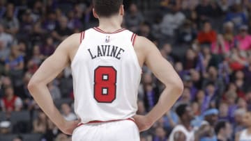 SACRAMENTO, CA - FEBRUARY 5: Zach Lavine #8 of the Chicago Bulls looks on during the game against the Sacramento Kings on February 5, 2018 at Golden 1 Center in Sacramento, California. NOTE TO USER: User expressly acknowledges and agrees that, by downloading and or using this photograph, User is consenting to the terms and conditions of the Getty Images Agreement. Mandatory Copyright Notice: Copyright 2018 NBAE (Photo by Rocky Widner/NBAE via Getty Images)