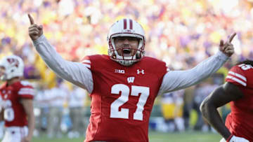 GREEN BAY, WI - SEPTEMBER 03: Rafael Gaglianone #27 of the Wisconsin Badgers celebrates after making a 47-yard field goal during the fourth quarter to give the Wisconsin Badgers a 16-14 lead against the LSU Tigers at Lambeau Field on September 3, 2016 in Green Bay, Wisconsin. (Photo by Jonathan Daniel/Getty Images)