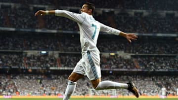 MADRID, SPAIN - SEPTEMBER 13: Cristiano Ronaldo of Real Madrid celebrates scoring his sides first goal during the UEFA Champions League group H match between Real Madrid and APOEL Nikosia at Estadio Santiago Bernabeu on September 13, 2017 in Madrid, Spain. (Photo by Denis Doyle/Getty Images)