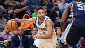 Oct 19, 2016; Minneapolis, MN, USA; Minnesota Timberwolves guard Ricky Rubio (9) dribbles in the third quarter against the Memphis Grizzlies at Target Center. The Timberwolves beat the Grizzlies 101-94. Mandatory Credit: Brad Rempel-USA TODAY Sports