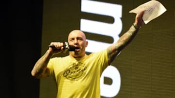 LAS VEGAS, NV - JULY 08: Commentator Joe Rogan speaks during weigh-ins for UFC 200 at T-Mobile Arena on July 8, 2016 in Las Vegas, Nevada. (Photo by Ethan Miller/Getty Images)