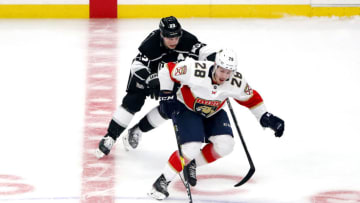 LOS ANGELES, CALIFORNIA - FEBRUARY 20: Aleksi Saarela #28 of the Florida Panthers skates against Dustin Brown #23 of the Los Angeles Kings during the game at Staples Center on February 20, 2020 in Los Angeles, California. (Photo by Katelyn Mulcahy/Getty Images)