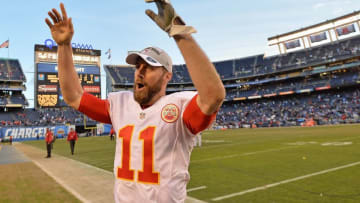 Jan 1, 2017; San Diego, CA, USA; Kansas City Chiefs quarterback Alex Smith (11) celebrates after a 37-27 win over the San Diego Chargers at Qualcomm Stadium. Mandatory Credit: Jake Roth-USA TODAY Sports