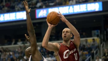 WASHINGTON, DC - NOVEMBER 19 : Zydrunas Ilgauskas #11 of the Cleveland Cavaliers shoots the ball against the Washington Wizards on November 19, 2003 at the MCI Center in Washington DC. NOTE TO USER: User expressly acknowledges and agrees that, by downloading and or using this photograph, User is consenting to the terms and conditions of the Getty Images License Agreement. (Photo by G Fiume/Getty Images)