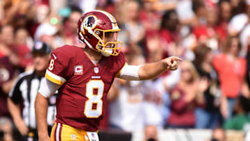 LANDOVER, MD - OCTOBER 2: Quarterback Kirk Cousins #8 of the Washington Redskins celebrates after throwing a first quarter touchdown pass to tight end Jordan Reed #86 (not pictured) against the the Cleveland Browns at FedExField on October 2, 2016 in Landover, Maryland. (Photo by Mitchell Layton/Getty Images)