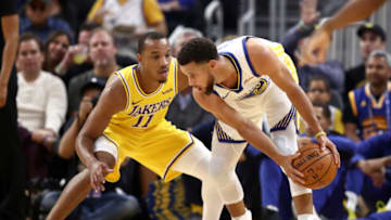 SAN FRANCISCO, CALIFORNIA - OCTOBER 05: Stephen Curry #30 of the Golden State Warriors is guarded by Avery Bradley #11 of the Los Angeles Lakers at Chase Center on October 05, 2019 in San Francisco, California. NOTE TO USER: User expressly acknowledges and agrees that, by downloading and or using this photograph, User is consenting to the terms and conditions of the Getty Images License Agreement. (Photo by Ezra Shaw/Getty Images)