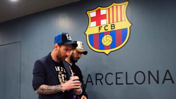 BARCELONA, SPAIN - APRIL 16: Lionel Messi and Luis Suarez of FC Barcelona arrive to the dressing room ahead of the UEFA Champions League Quarter Final second leg match between FC Barcelona and Manchester United at Camp Nou on April 16, 2019 in Barcelona, Spain. (Photo by Alex Caparros - UEFA/UEFA via Getty Images)