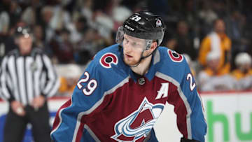 DENVER, CO - APRIL 16: Nathan MacKinnon #29 of the Colorado Avalanche looks on against the Nashville Predators in Game Three of the Western Conference First Round during the 2018 NHL Stanley Cup Playoffs at the Pepsi Center on April 16, 2018 in Denver, Colorado. (Photo by Michael Martin/NHLI via Getty Images)