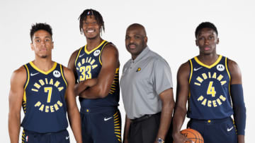INDIANAPOLIS, IN - SEPTEMBER 27: Malcolm Brogdon #7, Myles Turner #33, Head Coach Nate McMillan and Victor Oladipo #4 of the Indiana Pacers pose for a portrait during media day on September 27, 2019 at Bankers Life Fieldhouse in Indianapolis, Indiana. NOTE TO USER: User expressly acknowledges and agrees that, by downloading and/or using this photograph, user is consenting to the terms and conditions of the Getty Images License Agreement. Mandatory Copyright Notice: Copyright 2019 NBAE (Photo by Ron Hoskins/NBAE via Getty Images)