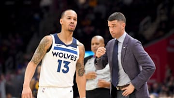 CLEVELAND, OHIO - JANUARY 05: Shabazz Napier #13 listens to Head coach Ryan Saunders of the Minnesota Timberwolves. (Photo by Jason Miller/Getty Images)