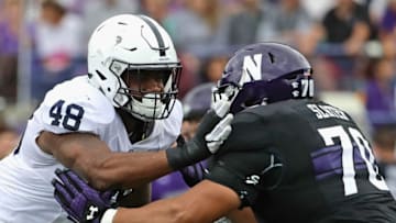 EVANSTON, IL - OCTOBER 07: Shareef Miller #48 of the Penn State Nittany Lions rushes against Rashawn Slater #70 of the Northwestern Wildcats at Ryan Field on October 7, 2017 in Evanston, Illinois. Penn State defeated Northwestern 31-7. (Photo by Jonathan Daniel/Getty Images)