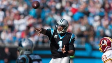 Nov 22, 2015; Charlotte, NC, USA; Carolina Panthers quarterback Cam Newton (1) throws the ball during the first quarter against the Washington Redskins at Bank of America Stadium. Mandatory Credit: Jeremy Brevard-USA TODAY Sports