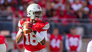 Sep 12, 2015; Columbus, OH, USA; Ohio State Buckeyes quarterback J.T. Barrett (16) looks to pass the ball during the game against the Hawaii Warriors at Ohio Stadium. The Ohio State Buckeyes beat the Hawaii Warriors by the score of 38-0. Mandatory Credit: Trevor Ruszkowski-USA TODAY Sports