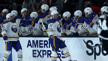 LOS ANGELES, CALIFORNIA - OCTOBER 31: Victor Olofsson #71 of the Buffalo Sabres celebrates a goal against the Los Angeles Kings in the second period at Staples Center on October 31, 2021 in Los Angeles, California. (Photo by Ronald Martinez/Getty Images)
