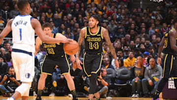 LOS ANGELES, CA - FEBRUARY 23: Brandon Ingram #14 of the Los Angeles Lakers plays defense against the Dallas Mavericks on February 23, 2017 at STAPLES Center in Los Angeles, California. NOTE TO USER: User expressly acknowledges and agrees that, by downloading and/or using this Photograph, user is consenting to the terms and conditions of the Getty Images License Agreement. Mandatory Copyright Notice: Copyright 2017 NBAE (Photo by Andrew D. Bernstein/NBAE via Getty Images)