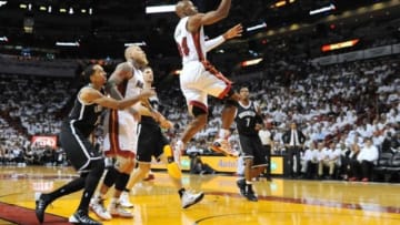 May 14, 2014; Miami, FL, USA; Miami Heat guard Ray Allen (34) drives to the basket against the Brooklyn Nets during the first half in game five of the second round of the 2014 NBA Playoffs at American Airlines Arena. Mandatory Credit: Steve Mitchell-USA TODAY Sports
