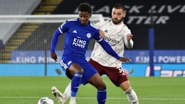 Leicester City's English midfielder Demarai Gray (L) vies with Arsenal's German-born Bosnian defender Sead Kolasinac during the English League Cup third round football match between Leicester City and Arsenal at King Power Stadium in Leicester, central England on September 23, 2020. (Photo by Rui Vieira / POOL / AFP) / RESTRICTED TO EDITORIAL USE. No use with unauthorized audio, video, data, fixture lists, club/league logos or 'live' services. Online in-match use limited to 120 images. An additional 40 images may be used in extra time. No video emulation. Social media in-match use limited to 120 images. An additional 40 images may be used in extra time. No use in betting publications, games or single club/league/player publications. / (Photo by RUI VIEIRA/POOL/AFP via Getty Images)