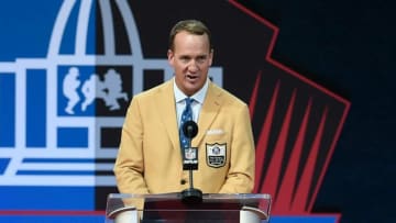 Peyton Manning speaks to the crowd at the Class of 2021 Enshrinement at Tom Benson Hall of Fame Stadium in Canton, Ohio., on Sunday, Aug. 8, 2021.Hpt 2021 Class Enshrinement Hof 25