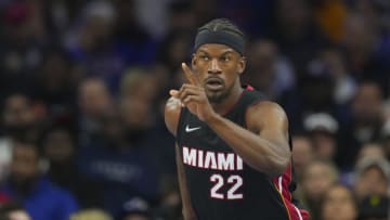 Jimmy Butler #22 of the Miami Heat points Philadelphia 76ers(Photo by Mitchell Leff/Getty Images)