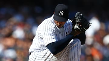 NEW YORK, NY - JULY 30: Aroldis Chapman #54 of the New York Yankees in action against the Kansas City Royals during a game at Yankee Stadium on July 30, 2022 in New York City. (Photo by Rich Schultz/Getty Images)