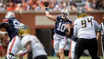 Auburn football quarterback Bo Nix (10) throws the ball at Jordan-Hare Stadium in Auburn, Ala., on Saturday, Sept. 11, 2021. Auburn Tigers leads Alabama State Hornets 20-0 at halftime.