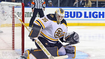 NEW YORK, NEW YORK - SEPTEMBER 28: Linus Ullmark #35 of the Boston Bruins tends net against the New York Rangers during the second period enter caption here in a preseason game at Madison Square Garden on September 28, 2021 in New York City. (Photo by Bruce Bennett/Getty Images)