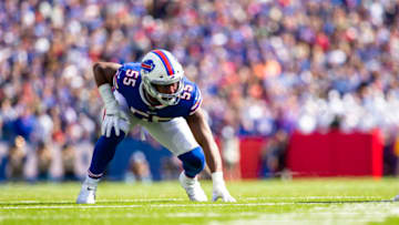 ORCHARD PARK, NY - SEPTEMBER 29: Jerry Hughes #55 of the Buffalo Bills stands in position during the first half against the New England Patriots at New Era Field on September 29, 2019 in Orchard Park, New York. New England defeats Buffalo 16-10. (Photo by Brett Carlsen/Getty Images)