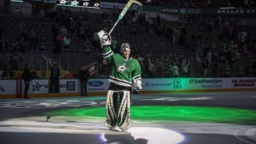 Nov 17, 2016; Dallas, TX, USA; Dallas Stars goalie Kari Lehtonen (32) is named the number one star in the win over the Colorado Avalanche at the American Airlines Center. The Stars defeat the Avalanche 3-2. Mandatory Credit: Jerome Miron-USA TODAY Sports