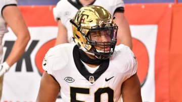 Oct 31, 2020; Syracuse, New York, USA; Wake Forest Demon Deacons offensive lineman Zach Tom (50) warms up prior to a game against the Syracuse Orange at the Carrier Dome. Mandatory Credit: Mark Konezny-USA TODAY Sports