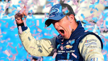 CHARLOTTE, NORTH CAROLINA - SEPTEMBER 28: A J Allmendinger, driver of the #10 Digital Ally Chevrolet, celebrates in Victory Lane after winning the NASCAR Xfinity Series Drive for the Cure 250 presented by Blue Cross Blue Shield of North Carolina at Charlotte Motor Speedway on September 28, 2019 in Charlotte, North Carolina. (Photo by Jared C. Tilton/Getty Images)